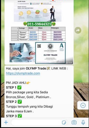 mesej whatsapp dari scammer kepada mangsa menggunakan nama Olymp Trade