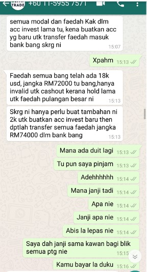 mesej whatsapp dari scammer yang meminta wang dari mangsa